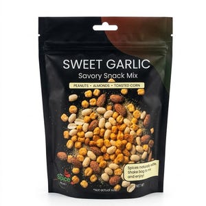 May include: A black stand-up pouch of Sweet Garlic Savory Snack Mix containing peanuts, almonds, and toasted corn. The packaging features white text, a graphic of the mixed nuts, and a small label stating, Spices naturally settle. Shake bag to mix and enjoy!