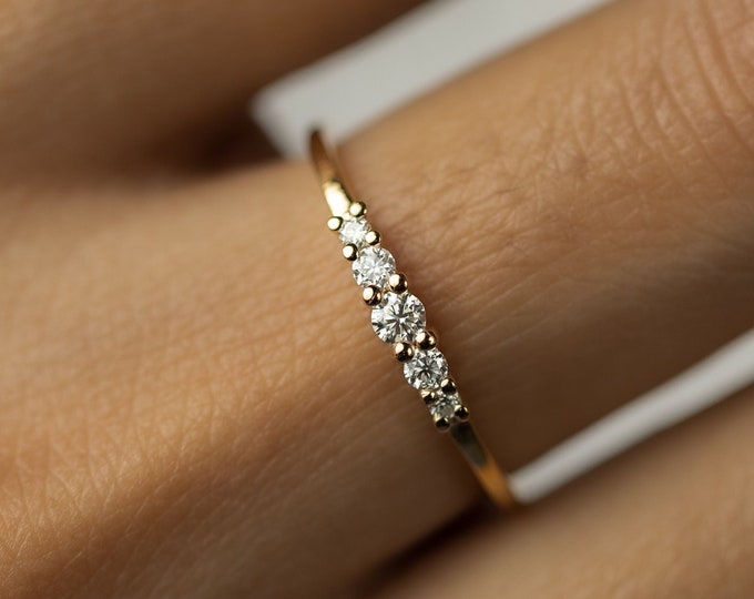 Silver Moissanite Stacking Ring, Five Stone Stacking Ring, Dainty