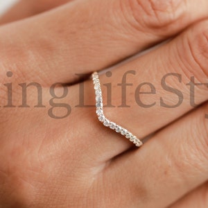 Lab Grown Diamond V Shape Wedding Band | Round Cut Half Eternity Chevron Ring | CVD Lab Diamond Nesting Band | Gift for Her