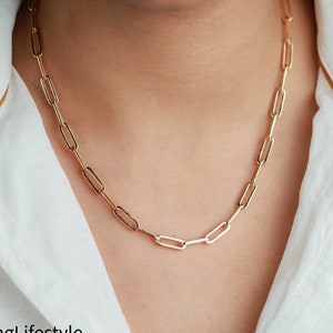 Paperclip Chain Necklace in Solid Gold or 925 Silver | Rectangle Link Chain | Unisex Layering Necklace | Gift for Her or Him