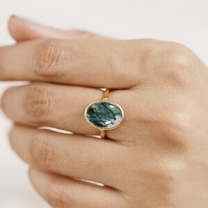 Moss Agate Statement Ring, 925 Sterling Silver Oval Cabochon, Handmade Anniversary / Promise Ring, Gift for Her