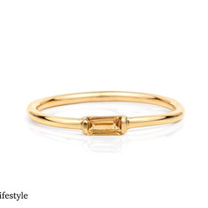 Citrine Baguette Stacking Ring, Sterling Silver 925, Dainty Gold Plated Ring, November Birthstone, Minimalist Handmade Jewelry, Elegant Ring