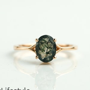 Moss Agate Engagement Solitaire Ring, Oval Cut Moss Agate Ring, Anniversary/Promise Ring, Gift for Her, Unique Solitaire Moss Agate Jewelry