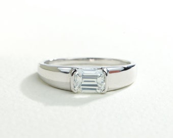 Moissanite Signet Ring, Emerald Cut Unisex Wedding Ring, Anniversary Gift, Fathers Day Gift, Elegant Moissanite Ring for Him & Her