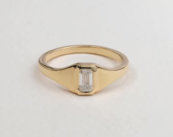 Emerald Cut Moissanite Bezel 925 Sterling Silver Ring, 14k Solid Gold Solitaire Signet Pinky Ring, Yellow Gold Plated &  Stacking Ring