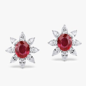 Ruby Stud Earrings with Lab Grown Diamonds, Antique Style Oval & Pear Cut July Birthstone Earrings, Gift for Her, Charm Earrings