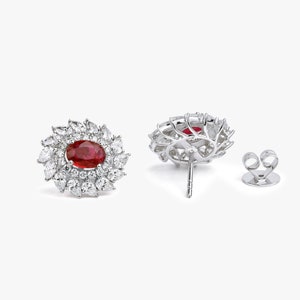 Ruby Stud Earrings with Lab Grown Diamonds, Antique Oval & Pear Cut Lab Ruby Earrings, July Birthstone Gift for Her, Charm Earrings