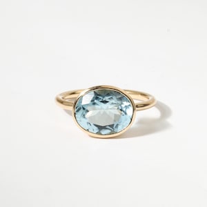Oval Cut 3ct Aquamarine Ring, 18K Solid Gold/Sterling Silver, Minimalist Solitaire Ring, Stackable Engagement Ring, Gift for Him or Her