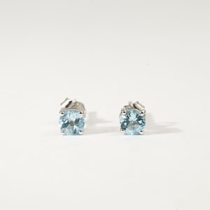 18K Solid Gold Aquamarine Stud Earrings, Round Cut Minimalist Birthstone Jewelry, Elegant Gift for Her, Timeless Handmade Earrings