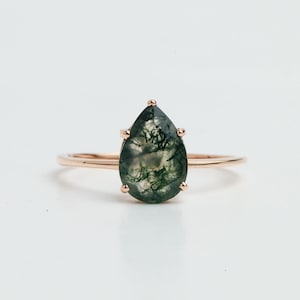 Pear Moss Agate Engagement Ring | Green Stone Promise Ring | Nature Inspired Minimalist Ring | Sterling Silver or Solid Gold Gift for Her