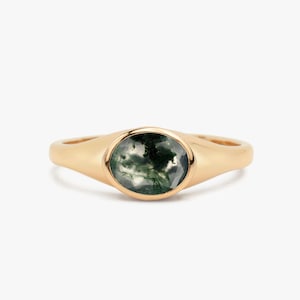 Moss Agate Signet Ring | Chunky Gold or Sterling Silver Pinky Ring | Nature Inspired Statement Ring | Solid Gold Gift for Him or Her
