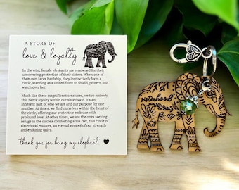 Sisterhood Elephant Keychain, Wood Charm, Boho Best Friend Gift