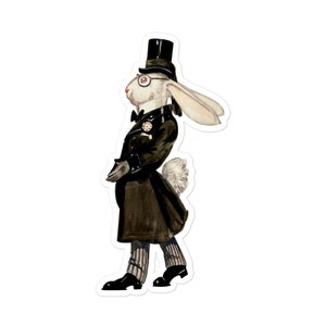 Pegatina de conejo blanco, sombrero de copa de conejo vestido de fantasía, gafas y traje negro Decoración retro vintage de Pascua y decoración de diario planificador de computadora portátil