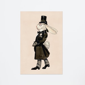 Mattes Papier Poster weißer Hase hase mit roten Augen Brille Mit schwarzem Top Hut & Anzug, Boho Retro Vintage Osterdekoration