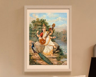 Hindoegodin Sarasvati afdrukbare wanddecoratie Instant Digitale Download | Vintage India Poster 1890 Saraswati met Pauw en Sitar Veena