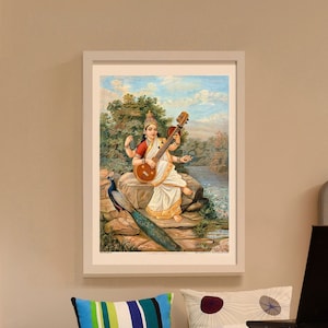 Hindu Goddess Sarasvati Printable Wall Decor Instant Digital Download | Vintage India Poster 1890 Saraswati with Peacock and Sitar Veena