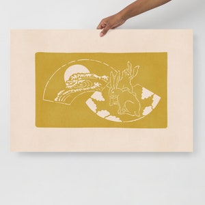 Giapponese Katagami Wall Decor Stampa di carta opaca di alta qualità - Due conigli con luna Oceano Onda Goldenrod Giallo su Beige vintage Pasqua