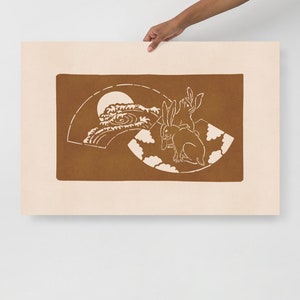 Giapponese Katagami Wall Decor Stampa di carta opaca di alta qualità - Due conigli con luna Ocean Wave Seppia su Beige vintage Pasqua