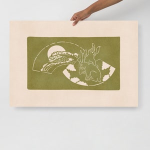 Giapponese Katagami Wall Decor Stampa di carta opaca di alta qualità - Due conigli con luna Oceano Onda Terra verde su Beige vintage Pasqua