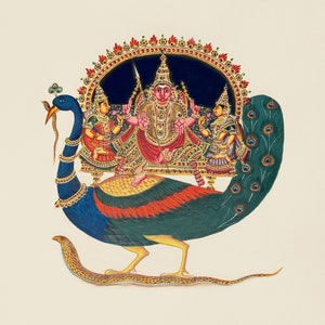 Hindu God Kartikeya Skanda on Paravani | Printable Wall Decor | Instant Digital Download | Vintage India Artwork | 1837 Madurai Tamil Nadu