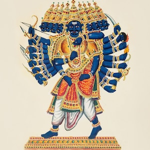 Hindu-Gott Ten Faced Ravana Dasamukha | Druckbare Wanddekoration | Sofortiger digitaler Download | Vintage Indien Kunstwerk | 1837 Madurai Tamil Nadu