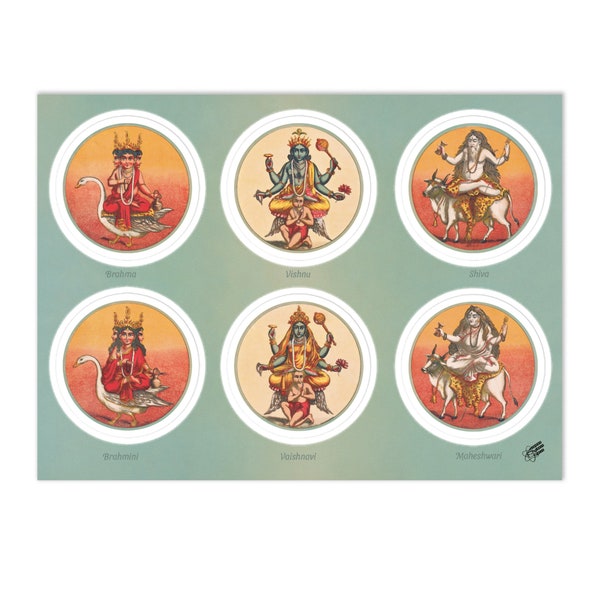 8" x 6" Hindu Gods Goddesses Sticker Sheet 1880-1890 | Calcutta Kolkata India West Bengal Art | Boho Retro Vintage Laptop Journal Decor