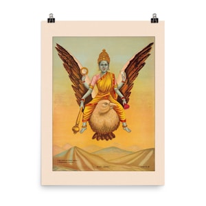 Hindu Goddess Sarasvati Matte Paper Wall Art | Vintage India Poster 1890 Saraswati with Garuda and Mountains | Retro Boho Spiritual Decor