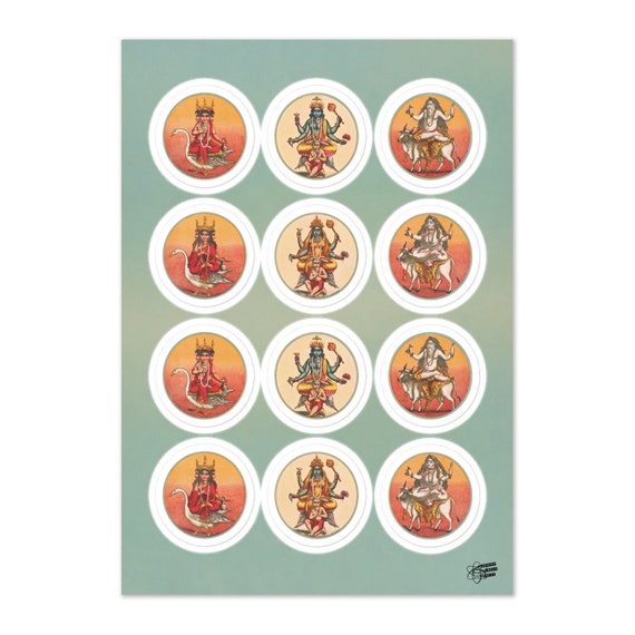8" x 6" Hindu Gods Goddesses Sticker Sheet | Calcutta Kolkata India West Bengal Art | Boho Retro Vintage Laptop Journal Envelope Seals