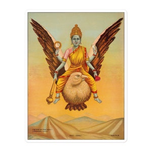 Hindu Goddess Sarasvati Sticker / Vintage India Poster 1885-95 Saraswati montando Garuda con montañas / Boho Retro Spiritual Laptop Decor