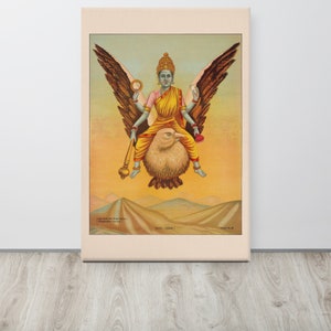 Hindu Goddess Sarasvati Canvas Poster Wall Art | Vintage India Poster 1890-95 Saraswati with Garuda and Mountains | Boho Spiritual Decor