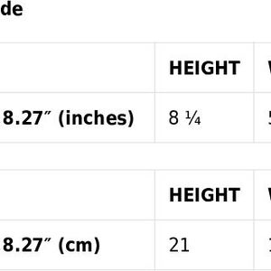 Op de afbeelding: Een maattabel met afmetingen in inches en centimeters. De gids toont de hoogte en breedte van een product. De afmetingen zijn 5,83" x 8,27" (inches) en 5,83" x 8,27" (cm).