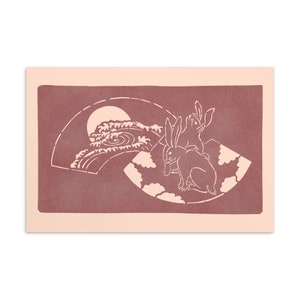 Japanische Katagami Standard Postkarte - Zwei Hasen mit Mond & Ozean Welle - Rote Himbeere und Rosa Töne vintage Ostern