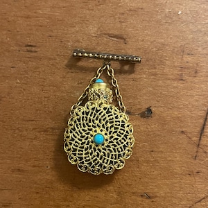 Vintage French Mini Perfume Bottle Brooch Pin Gold Filigree Black Glass Miniature Scent Brooch Antique Estate Jewelry