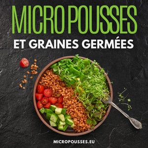 Op de afbeelding: Een bruine kom gevuld met verschillende microgroenten, spruiten en gekookte granen. De kom staat op een zwarte achtergrond met de tekst "MICROPOUSSES.EU" onderaan. De tekst "MICROPOUSSES ET GRAINES GERMÉES" staat bovenaan de afbeelding.