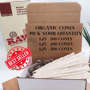 ORGANIC Authentic Raw Classic 1 1/4 Cones | Pre Rolled Paper with Tips | Pre rolls | cone Paper | slow Burn | Pack, Push, Roll Papers