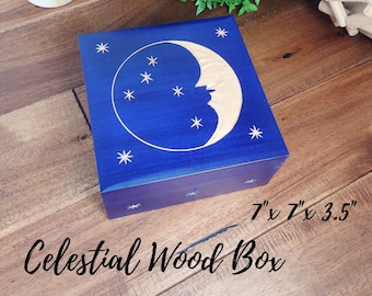 Celestial Moon Wooden Box - Jewelry chest box, Keepsake Box, Memory Box, Storage Box, Boho Décor, Storage, Herbs and Crystals, Moon stars