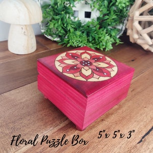 Maroon Floral Puzzle Box - Jewelry chest box, Keepsake Box, Memory Box, Storage Box, Boho Décor, Storage, Herbs and Crystals, Moon stars