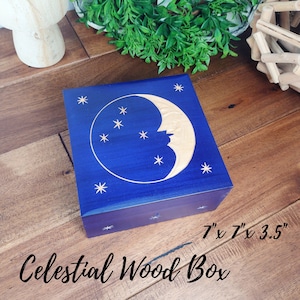 Celestial Moon Wooden Box - Jewelry chest box, Keepsake Box, Memory Box, Storage Box, Boho Décor, Storage, Herbs and Crystals, Moon stars