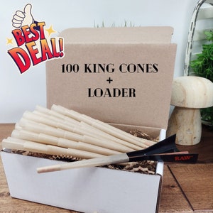 RAW Cones King 100 Pack + Cone Loader | Natural Pre Rolled Paper with Tips | Pre Rolls |Pack, Push, Roll Papers, pre Rolls
