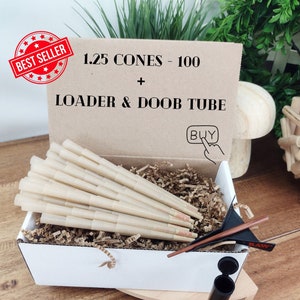 1.25 Cones + Doob Tube & Loader |Pre Rolled Paper with Tips | Pre rolls | Cone Paper| slow Burn | Unbleached |Pack, Push, and Roll Papers |