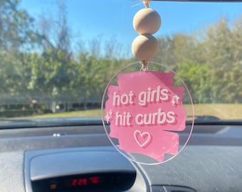 Funny Car Charm: Hot Girls Hit Curbs, Rear View Mirror Decor