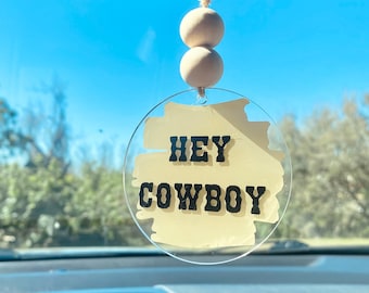 Hey Cowboy Rearview Mirror Hanging Car Accessory, Cowgirl Car Charm, Rear View Mirror Hanger, Trendy Western Car Decor, Country Car Decor