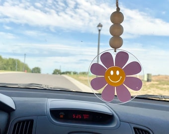 Happy daisy rearview mirror hanging car accessory, 3 inch round acrylic car charm, rearview mirror hanger, retro vintage happy face