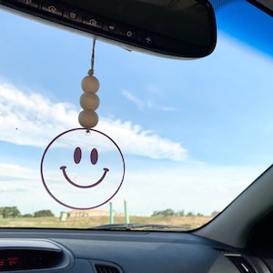 Smile rear view mirror hanging car accessory, 3 inch round acrylic car charm, rearview mirror hanger, retro vintage happy face charm