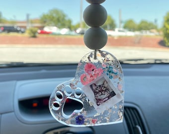 Pet photo rear view mirror car charm, car hanging accessory, Pet memorial gift, cat and dog picture car charm, paw print car decor pet lover