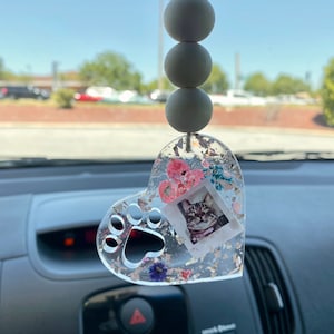 Pet photo rear view mirror car charm, car hanging accessory, Pet memorial gift, cat and dog picture car charm, paw print car decor pet lover