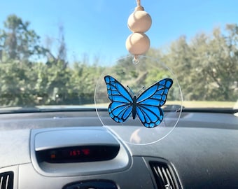 Butterfly Car Charm: Boho Rear View Mirror Hanger with Wood Beads