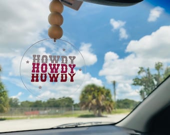 Howdy rear view mirror hanging car accessory, 3 inch round acrylic car charm, rearview mirror hanger, western cowgirl pink Howdy car hanger