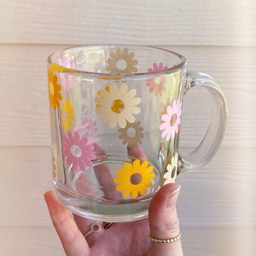 13 Oz Clear Glass Coffee Mug Floral Daisy Glass Coffee Mug Etsy