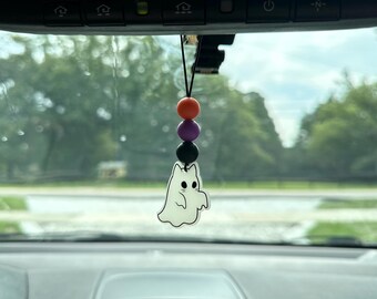 Glow-in-the-Dark Ghost Cat Car Charm: Halloween Rearview Mirror Hanger